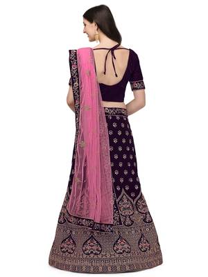 Purple embroidered velvet semi stitched lehenga 2