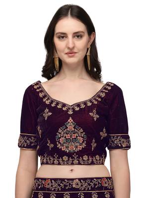 Purple embroidered velvet semi stitched lehenga 3