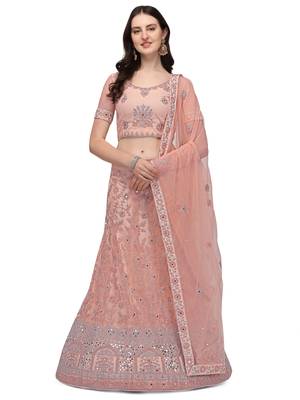 Peach embroidered net semi stitched lehenga 1