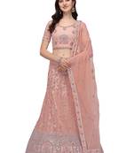 Peach embroidered net semi stitched lehenga