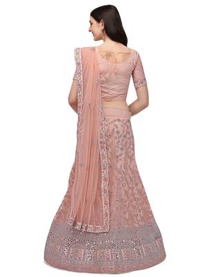 Peach embroidered net semi stitched lehenga 2