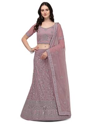 Lavender embroidered net semi stitched lehenga 1