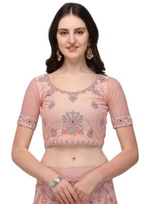 Peach embroidered net semi stitched lehenga 3