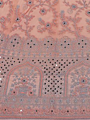 Peach embroidered net semi stitched lehenga 4
