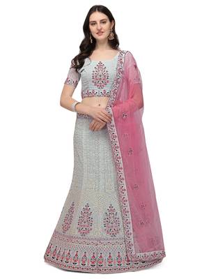 Turquoise embroidered georgette semi stitched lehenga 1