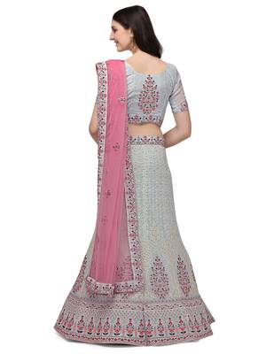 Turquoise embroidered georgette semi stitched lehenga 2