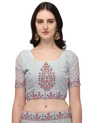 Turquoise embroidered georgette semi stitched lehenga 3