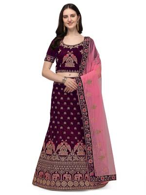 Purple embroidered velvet semi stitched lehenga 1