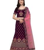 Purple embroidered velvet semi stitched lehenga