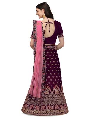 Purple embroidered velvet semi stitched lehenga 2