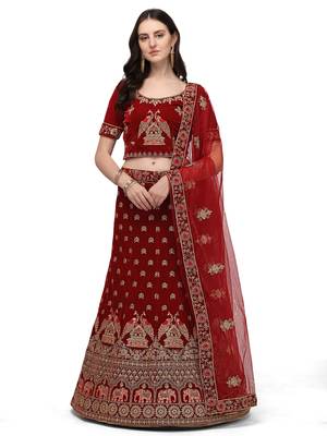 Maroon embroidered velvet semi stitched lehenga 1