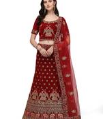 Maroon embroidered velvet semi stitched lehenga