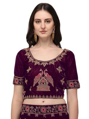 Purple embroidered velvet semi stitched lehenga 3