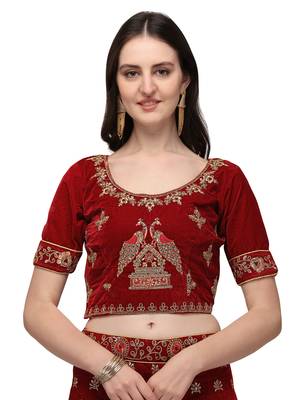 Maroon embroidered velvet semi stitched lehenga 3