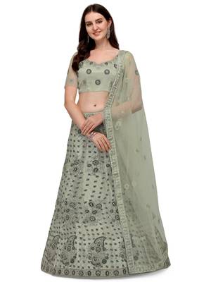 Light-green embroidered net semi stitched lehenga 1