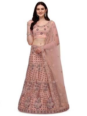 Peach embroidered net semi stitched lehenga 1