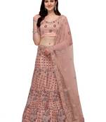 Peach embroidered net semi stitched lehenga