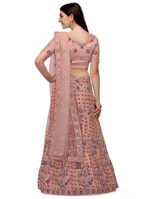 Peach embroidered net semi stitched lehenga 2