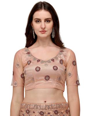 Peach embroidered net semi stitched lehenga 3