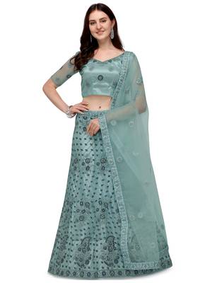 Turquoise embroidered net semi stitched lehenga 1