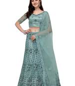 Turquoise embroidered net semi stitched lehenga
