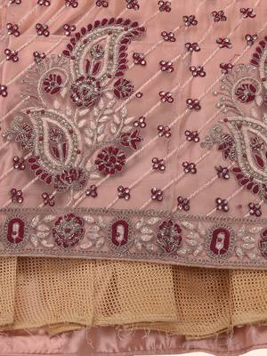 Peach embroidered net semi stitched lehenga 4