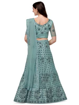 Turquoise embroidered net semi stitched lehenga 2