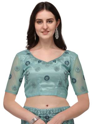 Turquoise embroidered net semi stitched lehenga 3