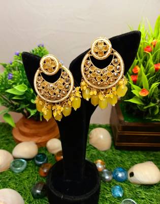 Yellow Brass Gold Plated Pearl Stone Studded Handmade Earrings Jewellery 1