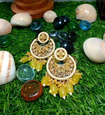 Yellow Brass Gold Plated Pearl Stone Studded Handmade Earrings Jewellery 2