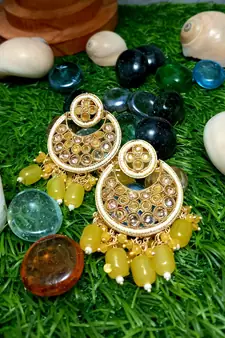 Yellow Brass Gold Plated Pearl Stone Studded Handmade Earrings Jewellery