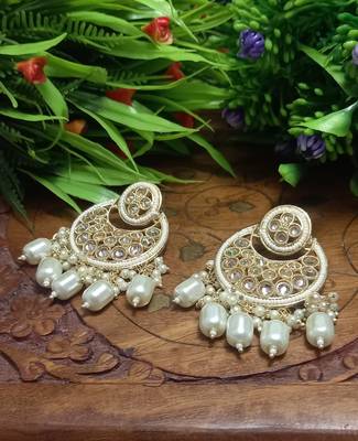 White Brass Gold Plated Pearl Stone Studded Handmade Earrings Jewellery 2