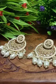 White Brass Gold Plated Pearl Stone Studded Handmade Earrings Jewellery