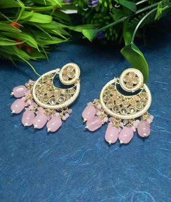 Pink Brass Gold Plated Pearl Stone Studded Handmade Earrings Jewellery 1