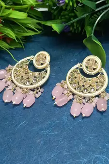Pink Brass Gold Plated Pearl Stone Studded Handmade Earrings Jewellery