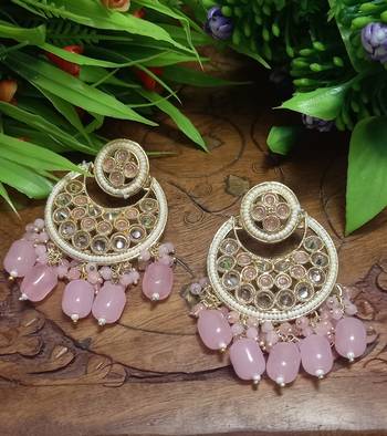 Pink Brass Gold Plated Pearl Stone Studded Handmade Earrings Jewellery 2