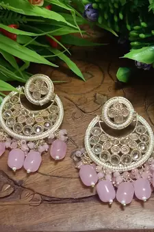 Pink Brass Gold Plated Pearl Stone Studded Handmade Earrings Jewellery