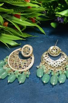 Beige Brass Gold Plated Pearl Stone Studded Handmade Earrings Jewellery