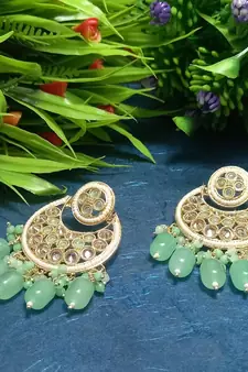 Beige Brass Gold Plated Pearl Stone Studded Handmade Earrings Jewellery