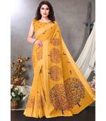 Sourbh Fashion Mustard Color Cotton Fabric Madhubani Printed Shiny Satin Border With Unstitched Blouse Piece