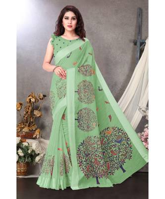 Sourbh Fashion Sea Green Color Cotton Fabric Madhubani Printed Shiny Satin Border With Unstitched Blouse Piece 1