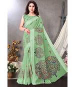 Sourbh Fashion Sea Green Color Cotton Fabric Madhubani Printed Shiny Satin Border With Unstitched Blouse Piece