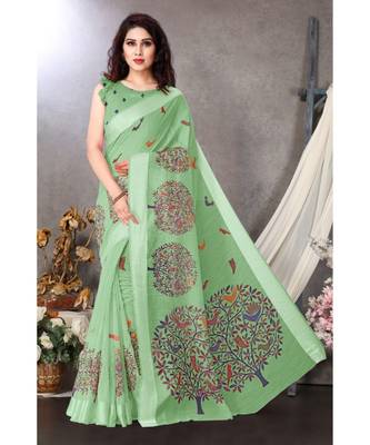 Sourbh Fashion Sea Green Color Cotton Fabric Madhubani Printed Shiny Satin Border With Unstitched Blouse Piece 2