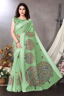 Sourbh Fashion Sea Green Color Cotton Fabric Madhubani Printed Shiny Satin Border With Unstitched Blouse Piece