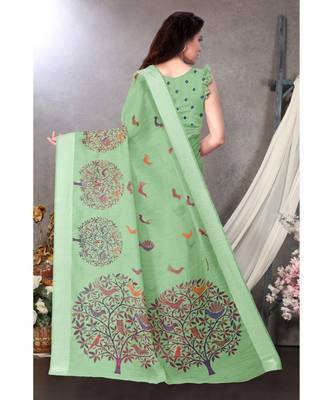 Sourbh Fashion Sea Green Color Cotton Fabric Madhubani Printed Shiny Satin Border With Unstitched Blouse Piece 3
