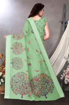 Sourbh Fashion Sea Green Color Cotton Fabric Madhubani Printed Shiny Satin Border With Unstitched Blouse Piece