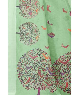 Sourbh Fashion Sea Green Color Cotton Fabric Madhubani Printed Shiny Satin Border With Unstitched Blouse Piece 5
