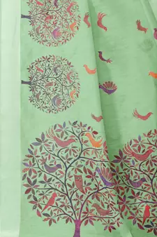 Sourbh Fashion Sea Green Color Cotton Fabric Madhubani Printed Shiny Satin Border With Unstitched Blouse Piece