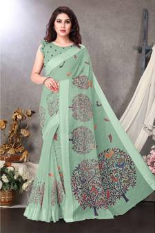 Sourbh Fashion Light Green Color Cotton Fabric Madhubani Printed Shiny Satin Border With Unstitched Blouse Piece