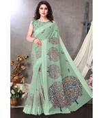 Sourbh Fashion Light Green Color Cotton Fabric Madhubani Printed Shiny Satin Border With Unstitched Blouse Piece